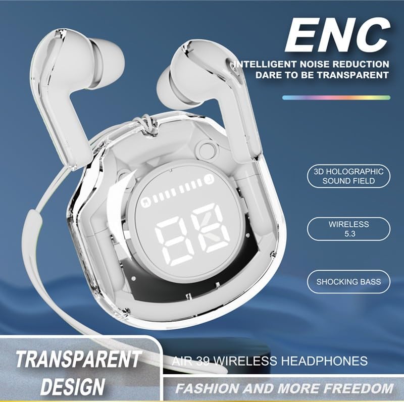Air39 Wireless Earbuds Crystal Clear Sound, Bluetooth 5.3, Transparent Case