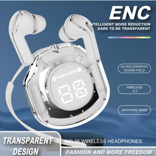 Air39 Wireless Earbuds Crystal Clear Sound, Bluetooth 5.3, Transparent Case