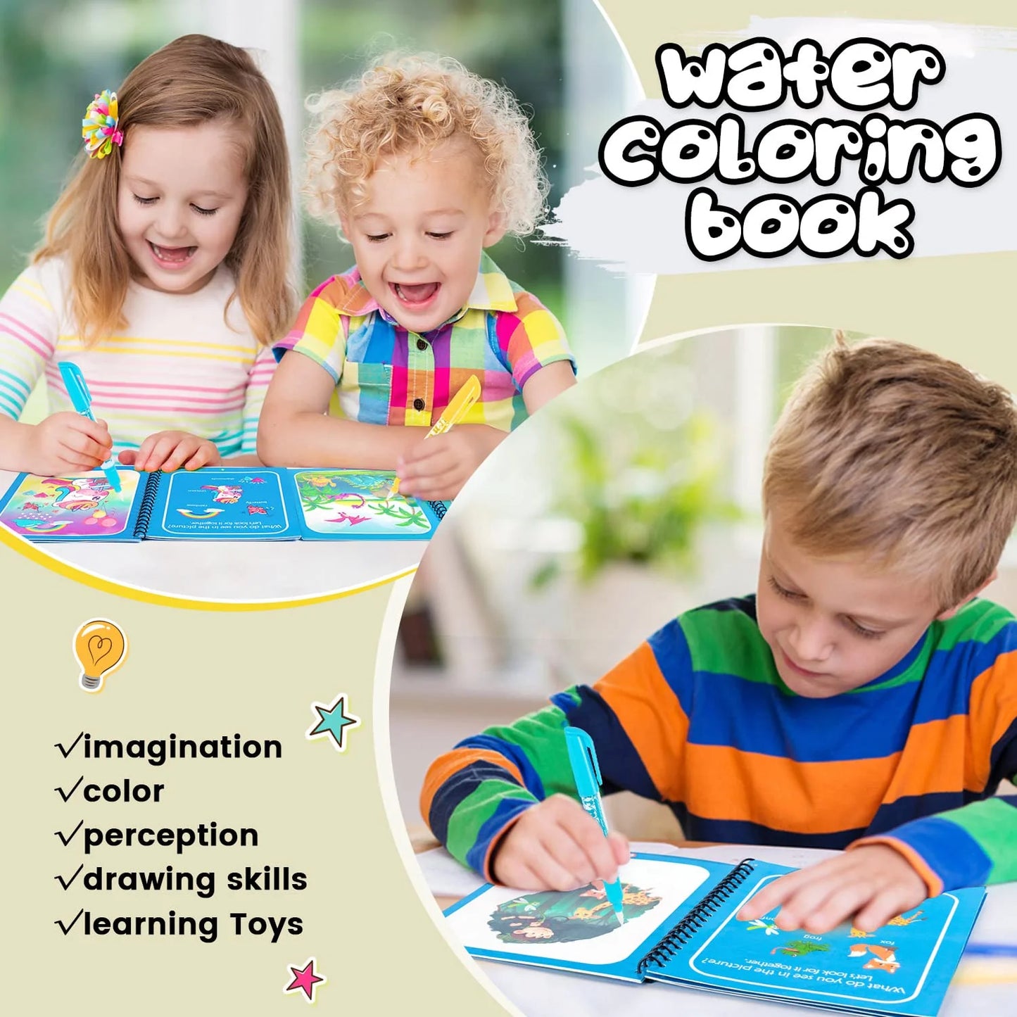 Magic Water Book, Water Drawing Book, Reusable Books with Pen for Kids
