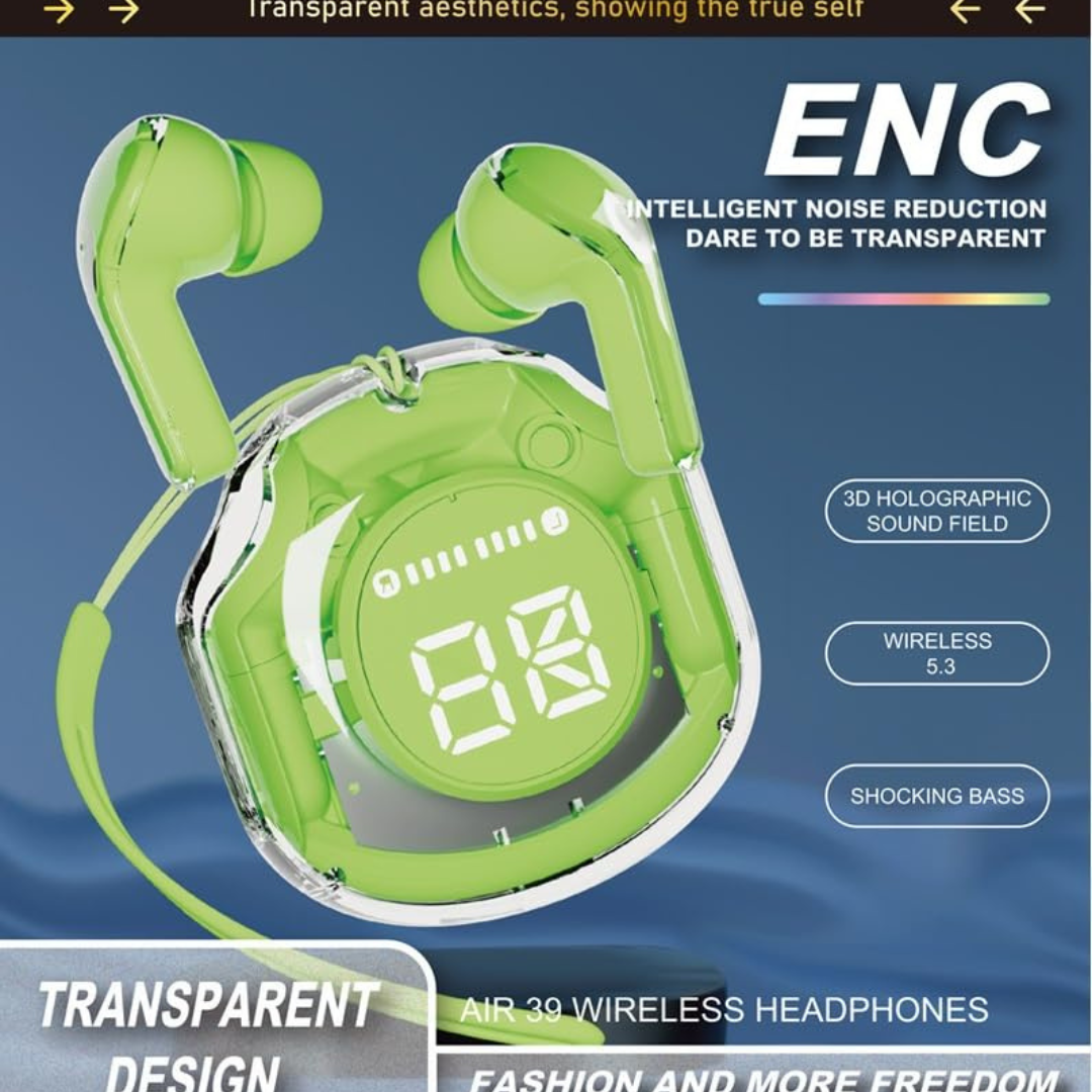 Air39 Wireless Earbuds Crystal Clear Sound, Bluetooth 5.3, Transparent Case