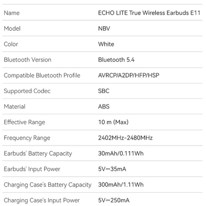 Vention ECHO LITE E11 TWS Bluetooth Earbud Stereo True Wireless Bluetooth 5.4